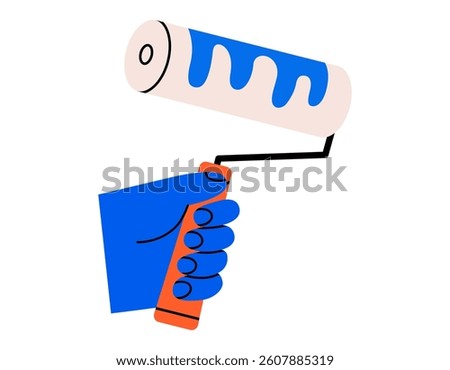 Hand drawn cute cartoon illustration hand with paint roller. Flat vector repair tool in arm doodle. Support hardware icon. Creativity instrument. Settings or fix problem. Renovation work. Isolated.
