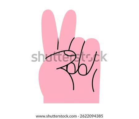 Hand drawn cute cartoon illustration of victory human hands gesture. Flat vector V arm sign doodle. Win or peace sticker. Success congratulation icon. Greeting interaction. Isolated.
