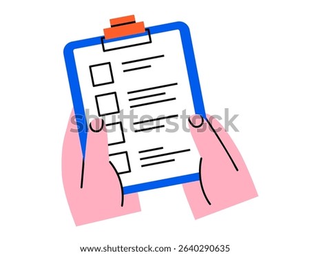 Hand drawn cute cartoon illustration of two hands holding clipboard. Flat vector check list form with empty checkbox sticker doodle. Planning or time management. Todo document in arm icon. Isolated.