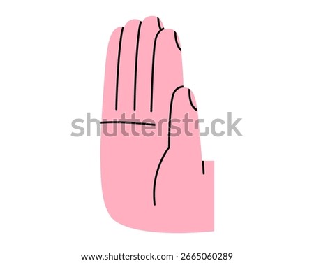 Hand drawn cute cartoon illustration of hand stop gesture. Flat vector raised hand shows palm doodle. Negative reaction arm sign. Warning icon or sticker. Access denied. Isolated.