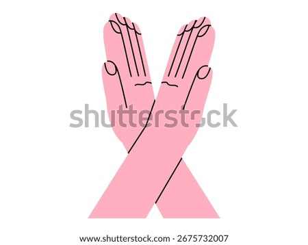 Hand drawn cute cartoon illustration of two hands stop gesture. Flat vector crossed human arms doodle. Negative reaction. Rejection body language icon or sticker. No or X sign. Isolated.