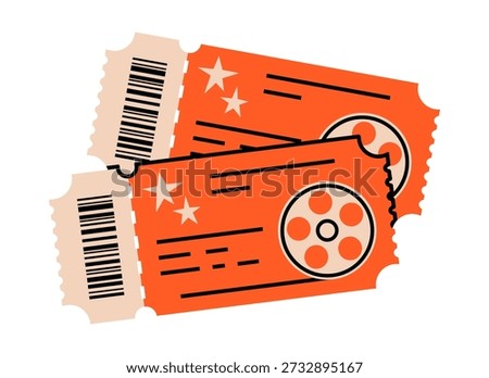 Hand drawn cute cartoon illustration of two cinema tickets. Flat vector movie theater or festival pass doodle. Entertainment industry sticker, icon. Date for couple. Leisure party pass. Isolated.