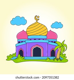 Hand drawn cute cartoon islamic mosque Vector illustration