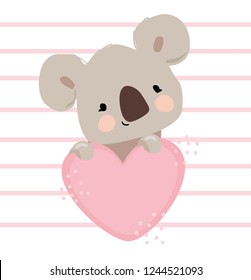 Hand drawn cute cartoon koala holds heart. Valentine's day card design. Vector illustration. 