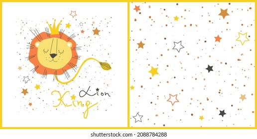 Hand drawn cute cartoon lion king character and seamless pattern with star and dots. Set of textile design illustration. Vector eps 10