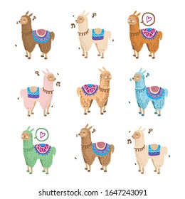 Hand drawn, cute cartoon, llama or peruvian alpaca on a white background, vector image