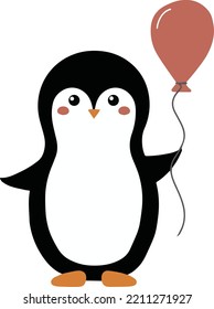 hand drawn cute cartoon penguin holding a pink balloon