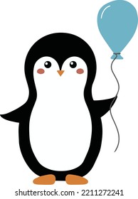 hand drawn cute cartoon penguin holding a blue balloon