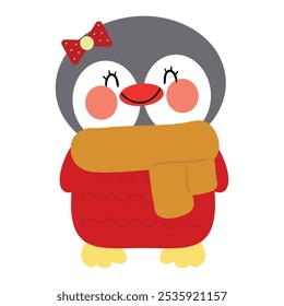 Hand drawn cute cartoon penguin wearing a cute winter scarf. cute christmas and winter wallpapers for cards, backgrounds