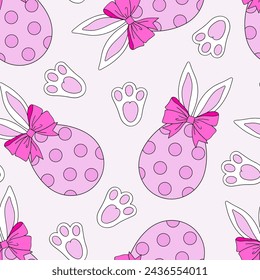 Hand drawn cute cartoon pink Easter egg with bunny ears and paws vector seamless pattern. Linear happy Easter spring holiday background. 