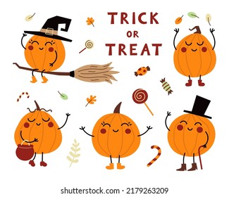 hand drawn cute cartoon pumpkins. trick or treat