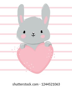 Hand drawn cute cartoon rabbit holds heart. Valentine's day card design. Vector illustration. 