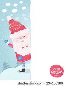 Hand drawn cute cartoon Santa Claus. Merry Christmas holiday background.