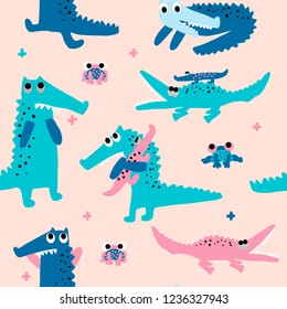 Hand drawn cute cartoon seamless pattern vector illustration colorful crocodile and frog on the pink background for baby textile, cloth, linen texture, wallpaper or home decoration.