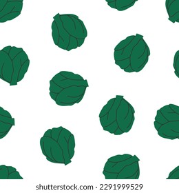 Hand drawn cute cartoon seamless pattern with green cabbage, cauliflower head. Flat vector garden harvest print in colorful doodle style. Repeated background with vegetable, wrapping or wallpaper.