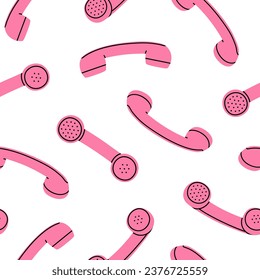 Hand drawn cute cartoon seamless pattern with pink retro phone handset. Flat vector old telephone with dial print in colored doodle style. Call device receiver background, wrapping or wallpaper.