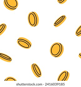 Hand drawn cute cartoon seamless pattern with coins. Flat vector money currency print in colored doodle style. Investment or savings. Business or bank deposit background, wrapping or wallpaper.