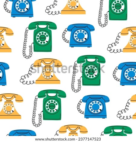 Hand drawn cute cartoon seamless pattern with retro wired phones. Flat vector old telephone with dial rotary print in colored doodle style. Call device background, wrapping or wallpaper.