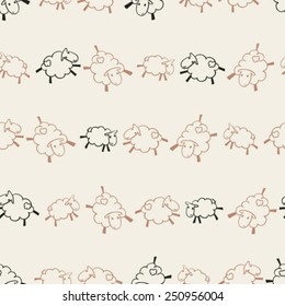 hand drawn cute cartoon sheep arranged in lines seamless pattern