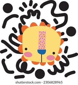 Hand drawn cute cartoon of a small lion face with line art as background.