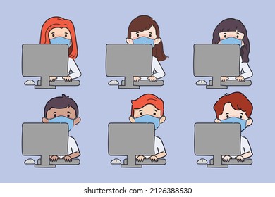 Hand drawn Cute cartoon student in the Computer lab and protection from virus covid-19 wearing medical face mask.