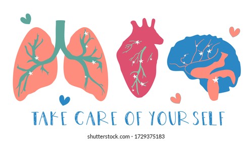 Hand drawn cute cartoon style viscera. Lungs, heart and brain. Take care of your health and yourself. Vector illustration of human anatomy.  Internal organs like plants bloom.World stroke day.