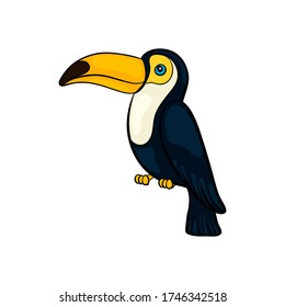 Dibujó a mano una tierna caricatura con asientos toucan, un dibujo colorido estilo ilustración vectorial aislado en el fondo blanco. Tubo de dibujo manual lindo símbolo de verano.