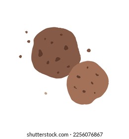 Hand drawn cute cartoon two cookies with chocolate chips and crumbs , kawaii brown cookie artwork. Vector illustration EPS 10