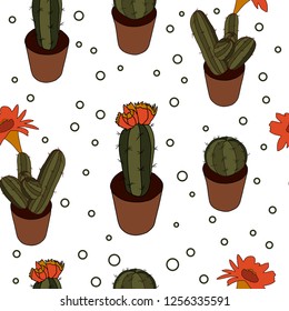 Hand drawn cute cartoon vector seamless pattern illustration cactus on the white background for textile or wallpaper