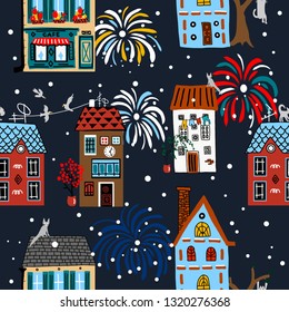 Hand drawn cute cartoon vector seamless pattern illustration night city and fireworks for baby textile, cloth, linen texture or home decoration