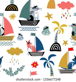 Hand drawn cute cartoon vector seamless pattern illustration cat and kangaroo pirate on the boat, palm tree, starfish, jellyfish and sun for baby textile, cloth, linen texture