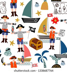Hand drawn cute cartoon vector illustration seamless pattern pirate, boat, palm tree, parrot, map on the white background for baby textile, cloth, linen texture or wallpaper