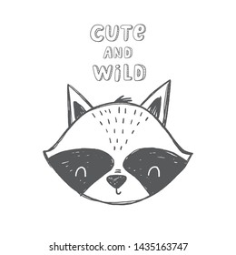 Hand drawn Cute cartoon vector character raccoon. Baby Shower vector print with cute raccoon