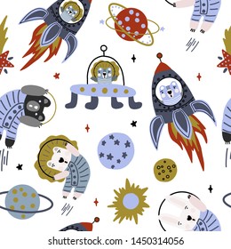 Hand drawn cute cartoon vector illustration animals, rocket, planet in the space on the white background for baby textile, cloth, linen, wallpaper texture or decoration