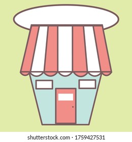 Hand drawn cute cartoon vector of blue, white, and pink building with white blank signboard on the roof isolated on light green background