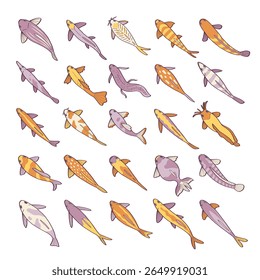 hand drawn cute cartoon vector illustration top view of ornmental fish isolated on white background.