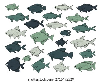 hand drawn cute cartoon vector illustration set of ornamental fish.