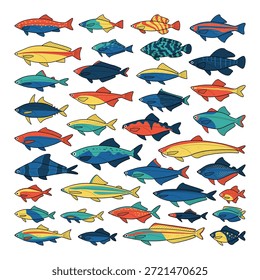 Dibujado a mano lindo conjunto de Ilustración vectorial de dibujos animados de peces ornamentales.