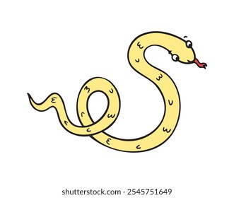 Dibujado a mano lindo dibujo animado color amarillo contorno simple serpiente. Sonrisa de serpiente de doodle amable aislado en fondo blanco. Ilustración vectorial