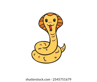 Dibujado a mano lindo dibujo animado color amarillo contorno simple serpiente. Sonrisa de serpiente de doodle amable aislado en fondo blanco. Ilustración vectorial