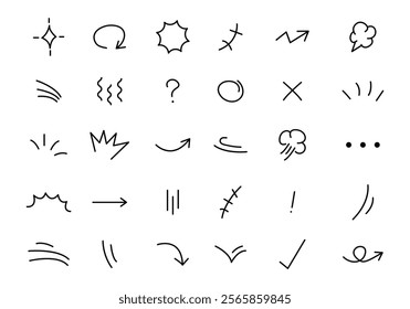 hand drawn cute cartoony expression sign doodle line stroke. Han drawn anime manga doodle line elements set. Collection of graphic effects for character emotion. movement in sketch style.