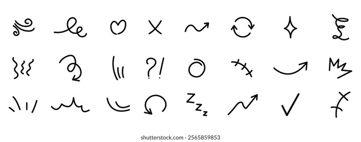 hand drawn cute cartoony expression sign doodle line stroke. Han drawn anime manga doodle line elements set. Collection of graphic effects for character emotion. movement in sketch style.