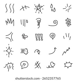 Hand drawn cute cartoony expression sign doodle line stroke. Movement drawing, curve directional arrows, emoticon effects design elements, cartoon character emotion symbols Vector set.