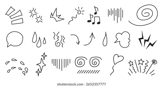Hand drawn cute cartoony expression sign doodle line stroke. Movement drawing, curve directional arrows, emoticon effects design elements, cartoon character emotion symbols Vector set.