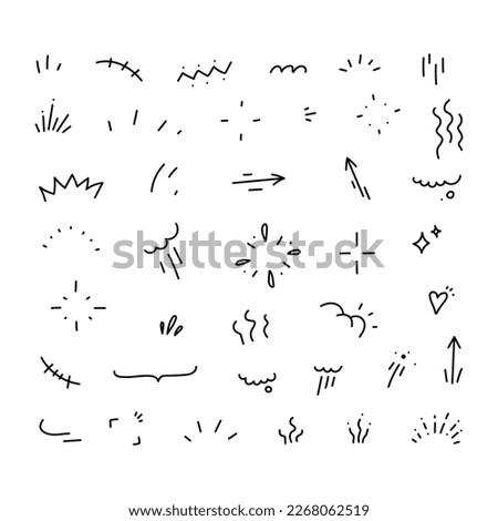 Hand drawn cute cartoony expression sign doodle line stroke. Movement drawing, curve directional arrows, emoticon effects design elements, cartoon character emotion symbols Vector set. 商業照片 © 