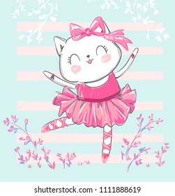 Gato descortezado a mano, ilustración de bailarina, niños impresos en camiseta.