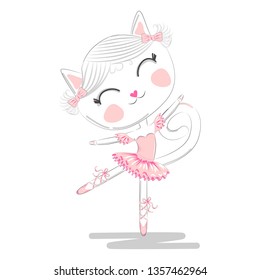 Hand Drawn Cute Cat, ballerina illustration, children print on t-shirt.