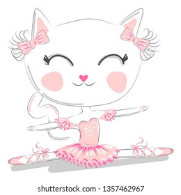 Hand Drawn Cute Cat, ballerina illustration, children print on t-shirt.