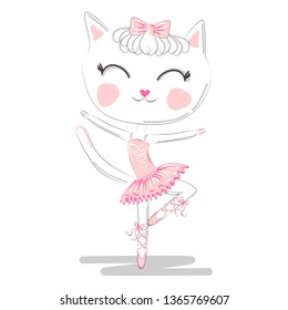 Hand Drawn Cute Cat, ballerina illustration, children print on t-shirt.