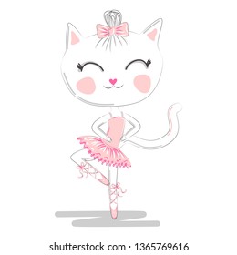 Hand Drawn Cute Cat, ballerina illustration, children print on t-shirt.